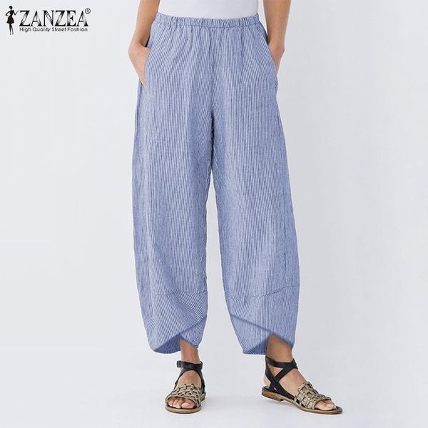 

zanzea women striped wide leg pants lady casual trousers cotton linen asymmetrical hem streetwear pockets pantalones mujer y200114, Black;white