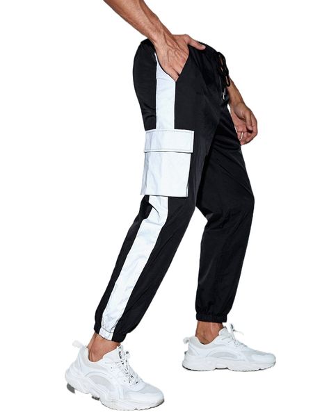 

men flap pocket contrast sideseam pants s9r6#, Black