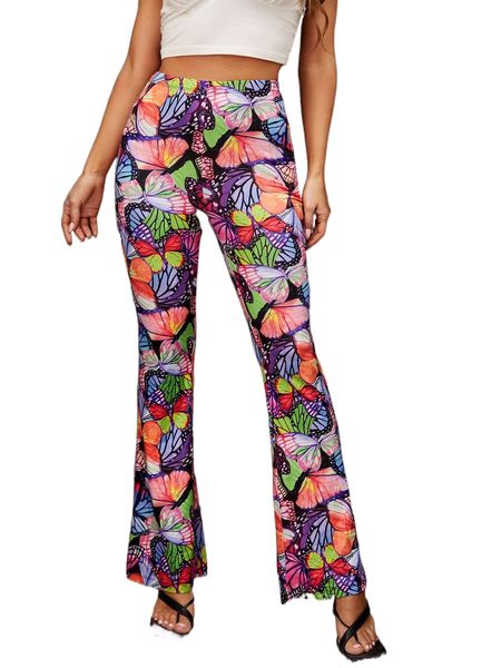 

high waist allover butterfly print flare leg pants d3hf#, Black;white