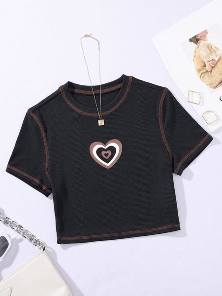 

plus heart print stitching tee a9cb#, Black