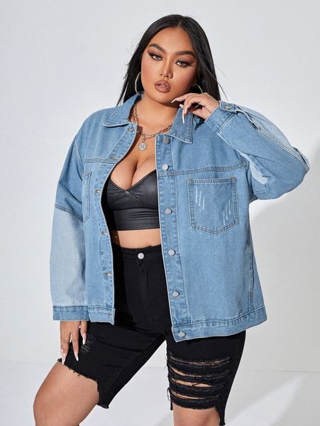 

plus cat scratch patched pocket denim jacket x7w8#, Black;brown
