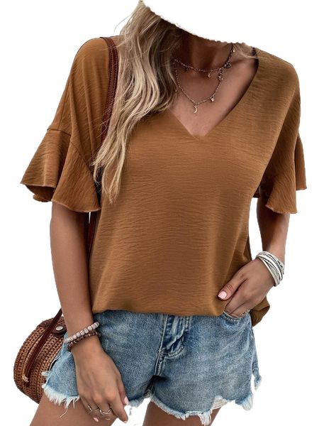 

flounce sleeve solid x03t#, White