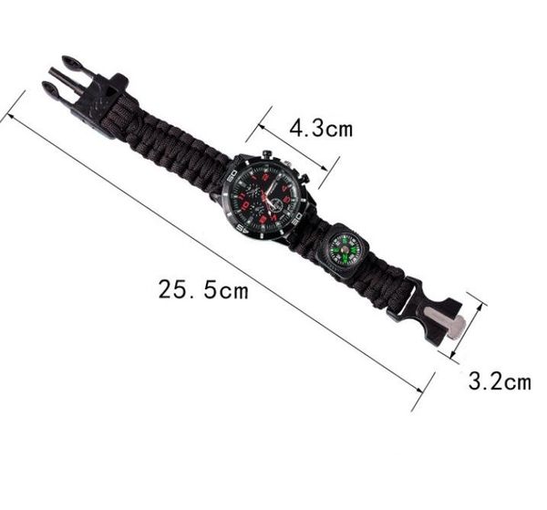 Outdoor-Notfallarmband, tragbar, Camping, Wandern, multifunktional, Paracord-Überlebensarmbänder, Werkzeug, Erste-Hilfe-Set, Armbänder, Uhr mit Kompass