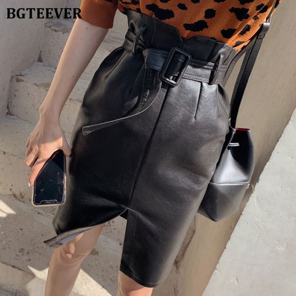 

fashion chic high waist belted women pu leather midi skirts autumn winter split female faux leather package hip skirts, Black