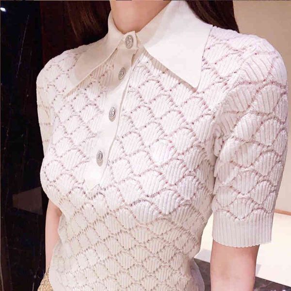 

women's knits tees small fragrance polo collar t-shirt lingge short sleeve summer slim fit elastic sweet temperament foreign style swea, White
