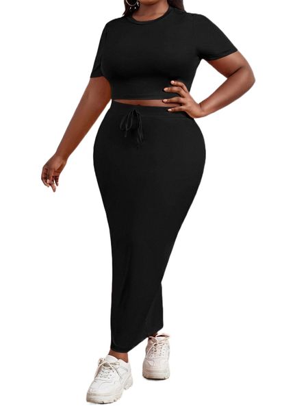 

sxy plus solid crop tee & tie front pencil skirt 97m2#, Black