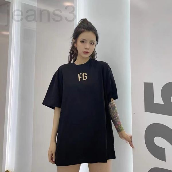 

women's t-shirt designer 2022 new spring and summer fog fee ofgod double thread essfg rich flocking printing brand high street short sl, White