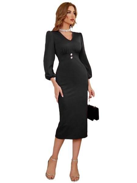 

bishop sleeve split back dress 08vu#, Black;gray