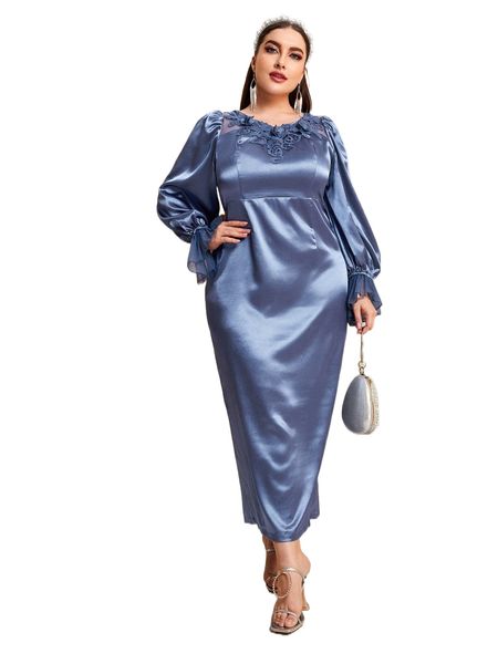 

plus applique flounce sleeve slit back satin dress 74fb#, Black