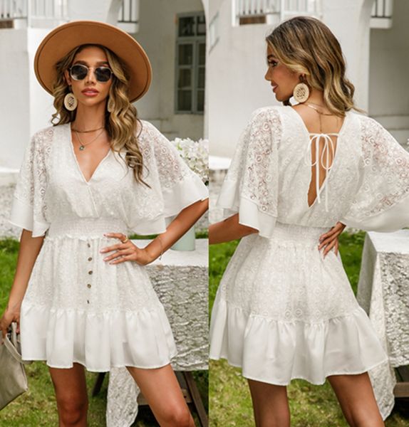 

casual dresses lace patchwork batwing sleeve backless short dress white dress s-xl, Black;gray