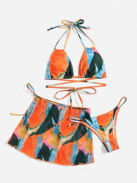 

3pack color block lace up bikini swimsuit & beach skirt 58ns#, White;black