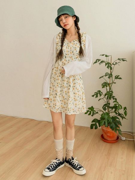 

dazy ditsy floral frill trim tie shoulder cami dress without 95jl#, Black;gray