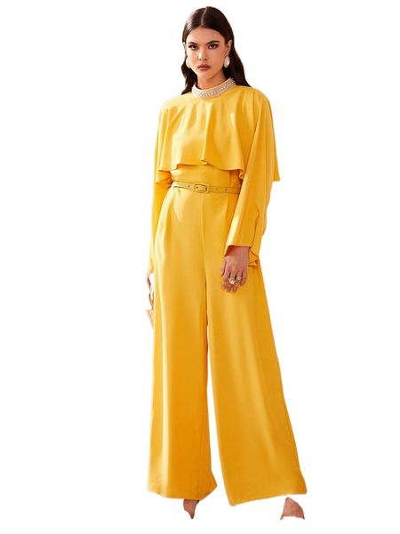 

pearls detail ruffle trim belted jumpsuit n1vy#, Black;white