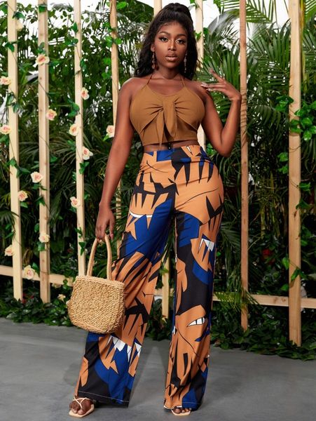 

sxy tie backless halter & allover print pants x43j#, White