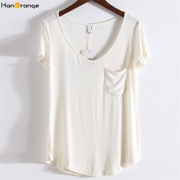 Damen-T-Shirt HanOrange Modal Plus Size Tasche Sommer Kurzarm Lose Frauen V-Ausschnitt Reine Farbe Weich Schwarz Grau Weiß Beige 220402