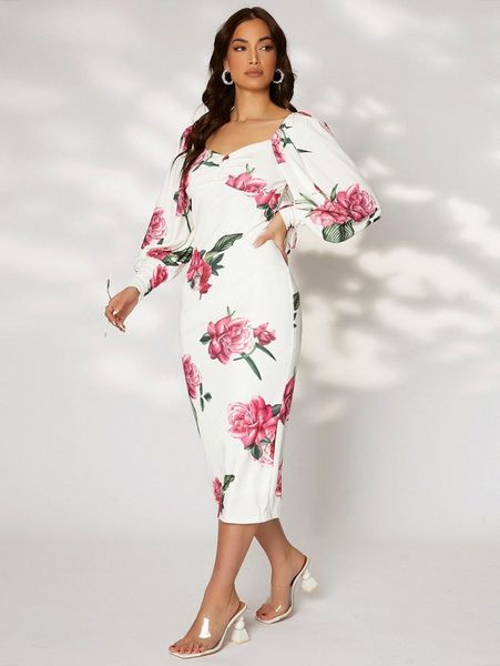 

floral lantern sleeve knot cuff slit hem dress 74x1#, Black;gray