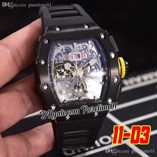 2022 Miyota Automatic Mens Watch Pvd Steel All Black Big Date Skeleton Dial Yellow Crown Rubber Strap Super Edition 6 Styles Puretime01 1103D4
