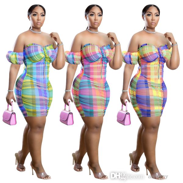 

2022 summer wrap chest off shoulder dress new breathable mesh plaid color matching printed short sleeve skirt, Black;gray