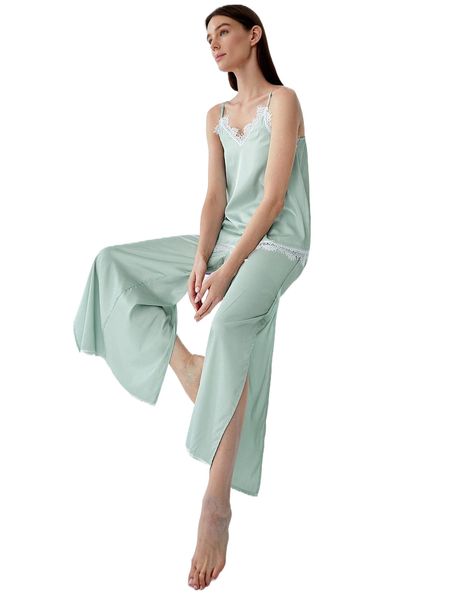 

lightweight soft breathable contrast lace slit hem satin sleep pants b7mi#, Black;red