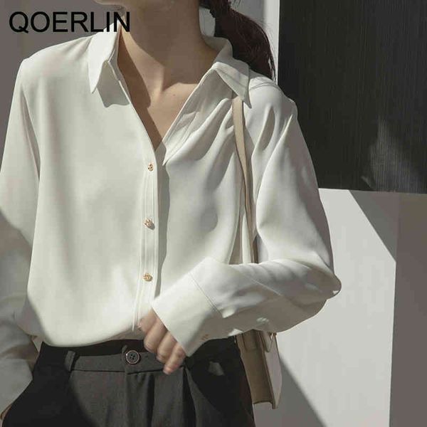 

qoerlin office lady white shirt for women blouse turndown collar ol shirt female casual deep v chiffon blouse femme 210412