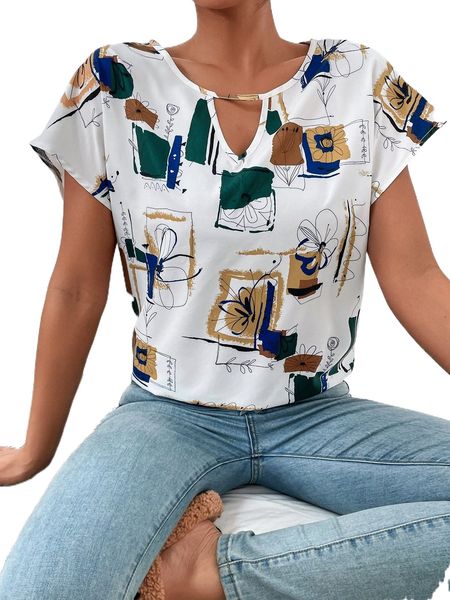 

floral print keyhole neck batwing sleeve blouse g4aw#, White