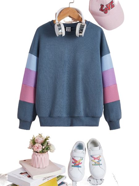 

girls colorblock drop shoulder sweatshirt 23d2#, Black;white