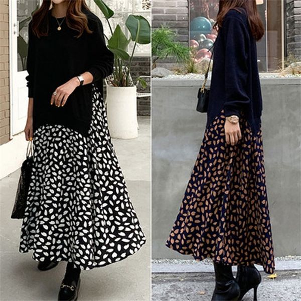 

autumn women dress plus size ladies vestidos long sleeve t-shirt dress patchwork dress cotton print robe fake two piece lj201203, White;black