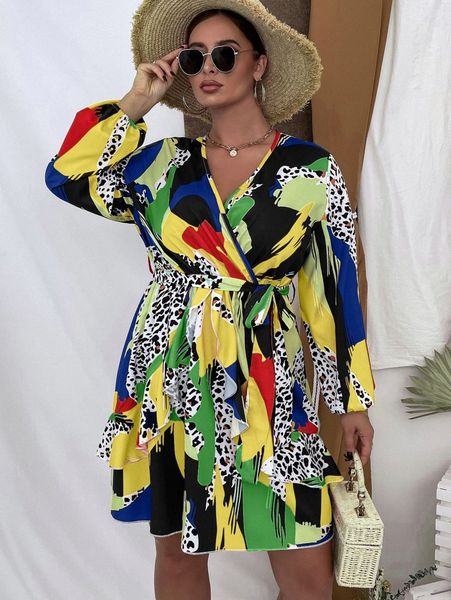 

plus leopard & graphic print ruffle trim lantern sleeve belted dress c8jc#, Black