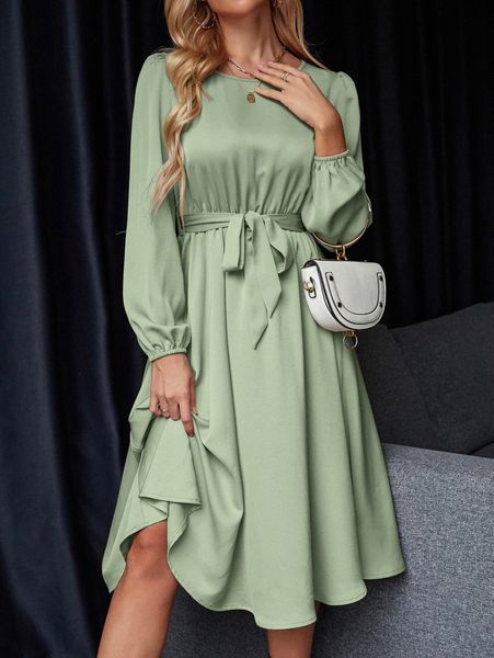 

lantern sleeve keyhole back belted satin dress 24ay#, Black;gray