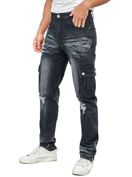 

men ripped flap pocket zip hem cargo jeans 68th#, Blue