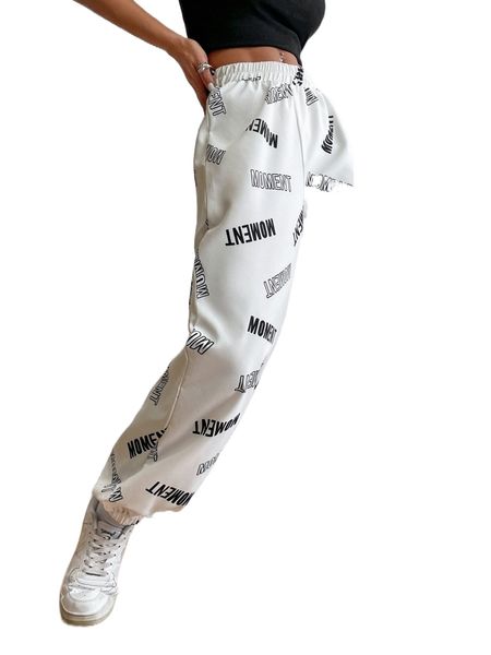 

letter graphic elastic hem pants 600s#, Black;white