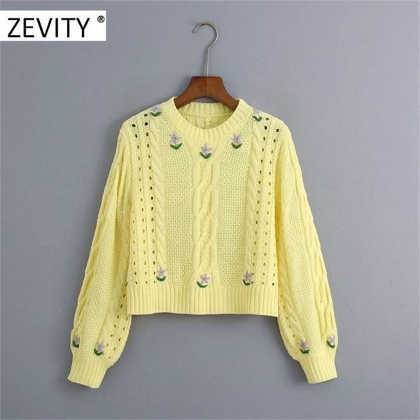 Zevity Frauen Mode Blumenstickerei Twist Crochet Cropped Strickpullover Dame aushöhlen lässige Pullover schicke Tops S343 201222