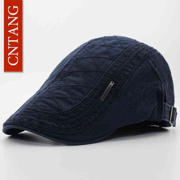 

cntang spring autumn cotton beret casual visor cap for men fashion vintage button flat hat men caps adjustable flat berets j220722, Blue;gray