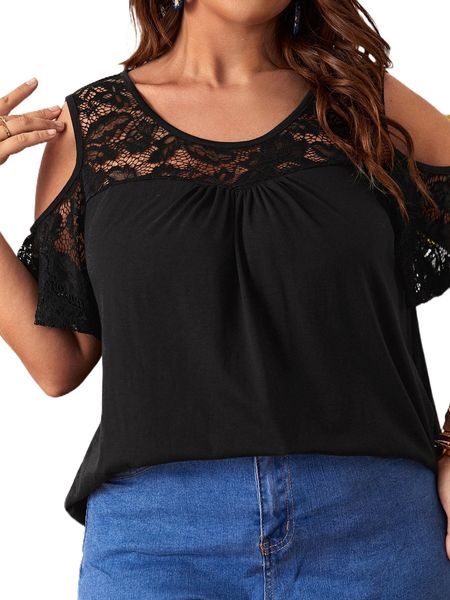 

plus contrast lace cold shoulder tee r5al#, Black