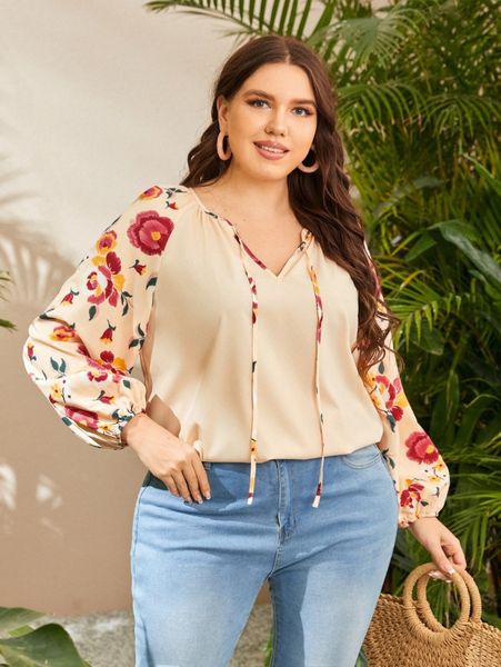 

plus tie neck floral print lantern sleeve w0ly#, Black