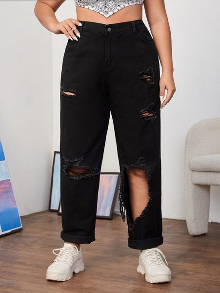

plus high waist ripped straight leg jeans 48eb#, Blue