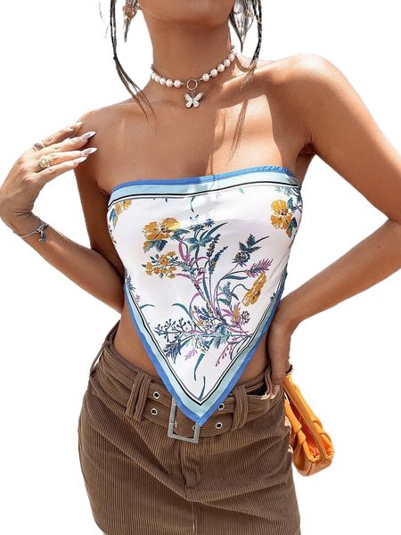 

floral print tie backless bandana tube 46ot#, White