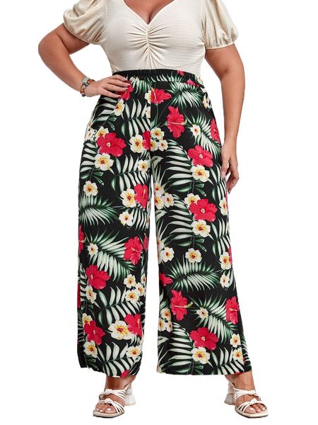 

plus floral & tropical wide leg pants h7b7#, Black