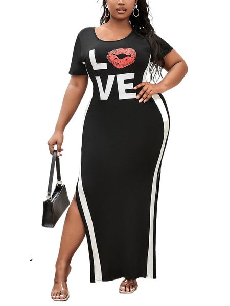

plus letter & lip print split thigh dress h2fd#, Black