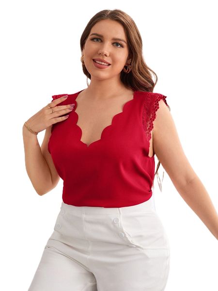 

plus guipure lace panel scallop trim blouse l39z#, Black