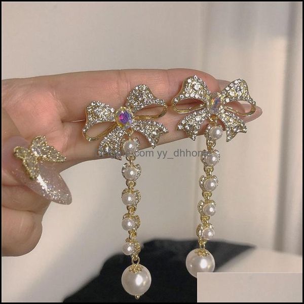 

dangle chandelier earrings jewelry luxury crystal women long drop fashion simated pearl bow earring bohemian girl korean delivery 2021 w3g, Silver