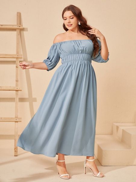

plus solid off the shoulder dress c8so#, Black
