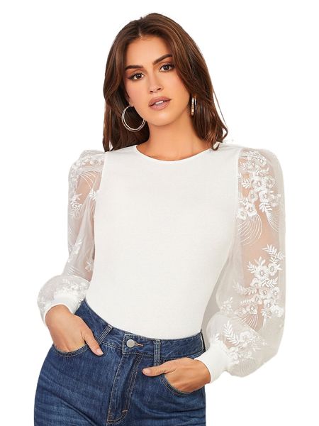 

floral embroidery mesh lantern sleeve o1bs#, White