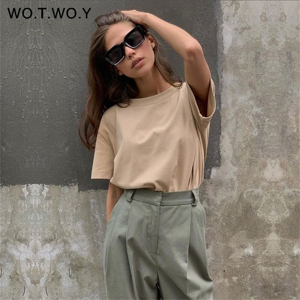 

wotwoy summer knitted basic solid t-shirt women casual cotton short sleeve tee-shirts female women fashion s-xl 210311, White
