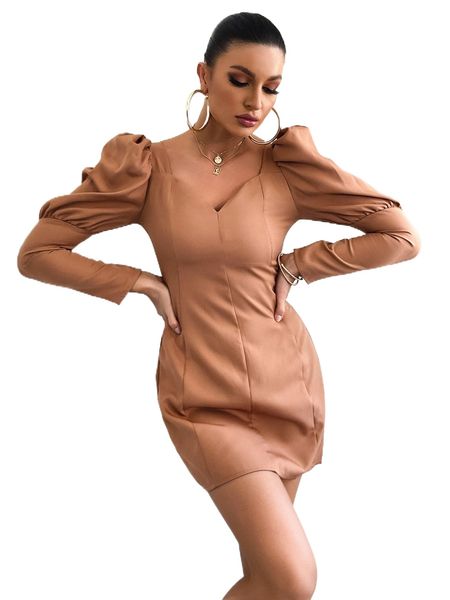

sweetheart neck gigot sleeve fitted dress q8ow#, Black;gray