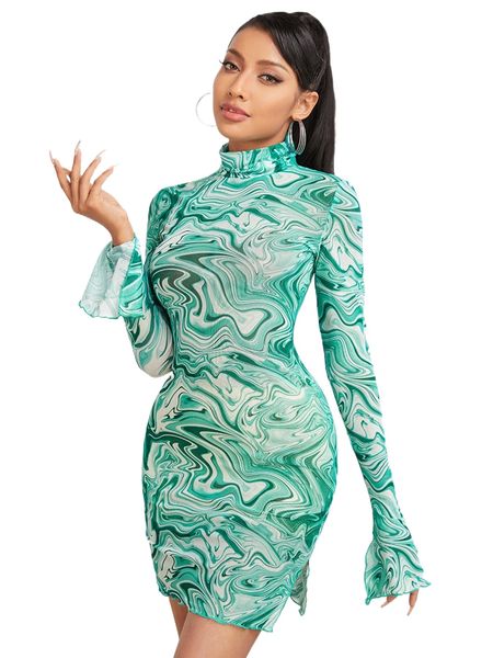 

marble print high neck slit hem mesh bodycon dress e9tg#, Black;gray