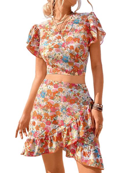 

allover floral surplice neck blouse & ruffle tulip skirt f5qa#, White