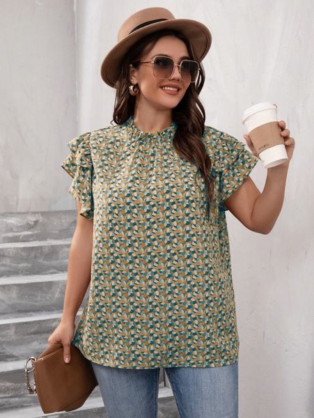 

plus allover print layer sleeve frilled neck blouse q8fd#, Black