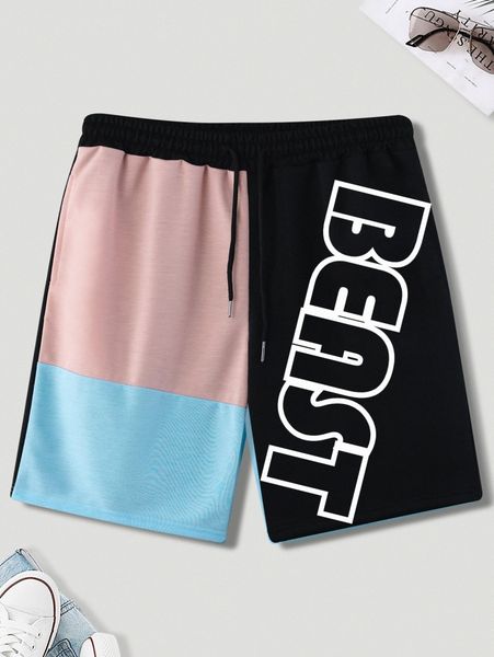 

men color block letter graphic drawstring waist shorts w8ib#, White;black