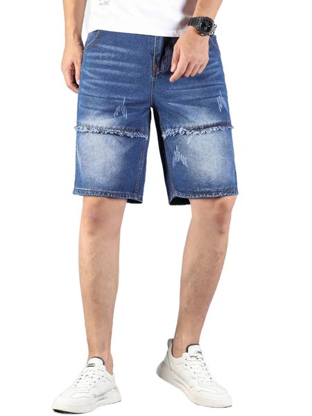 

men bleach washed raw trim denim shorts 7515#, White;black
